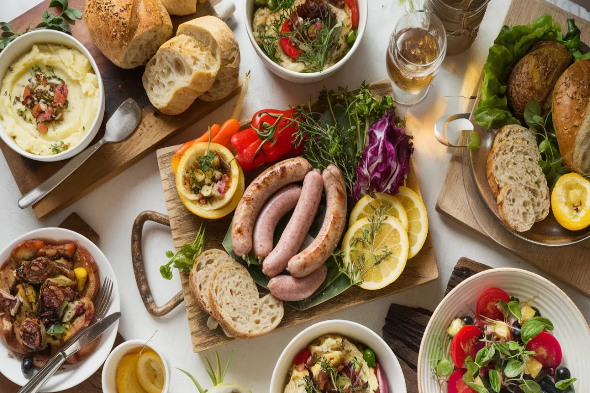 A variety of colorful side dishes paired with sausage, including mashed potatoes, salads, and grilled vegetables