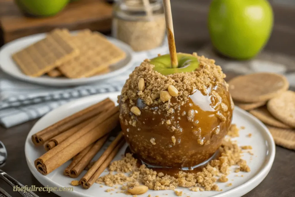 Apple pie caramel apple covered in spices and drizzled with caramel