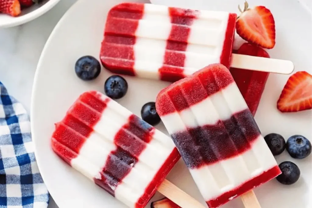 Red, white and blue layered popsicles in a mold, perfect for 4th of July celebrations.